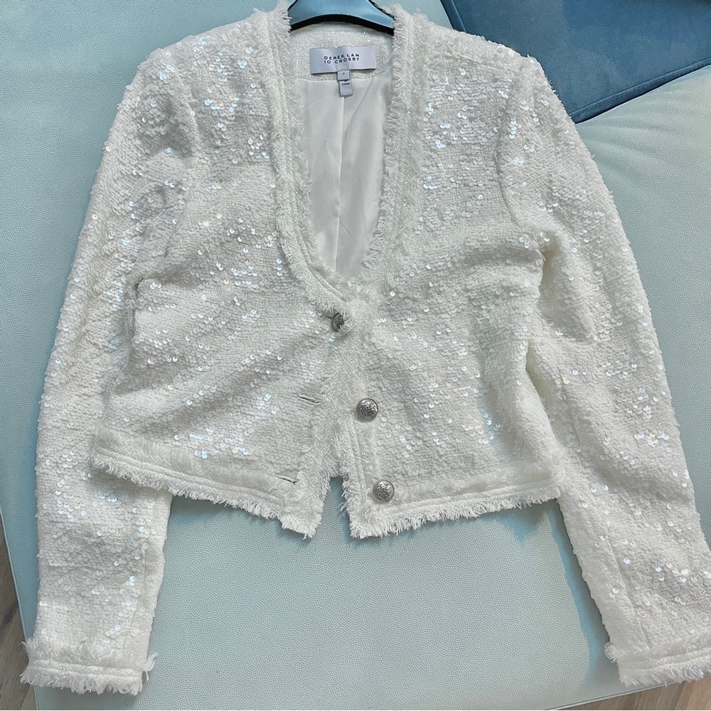 10 Crosby by Derek Lam White Sequins Scoop Neck Jacket